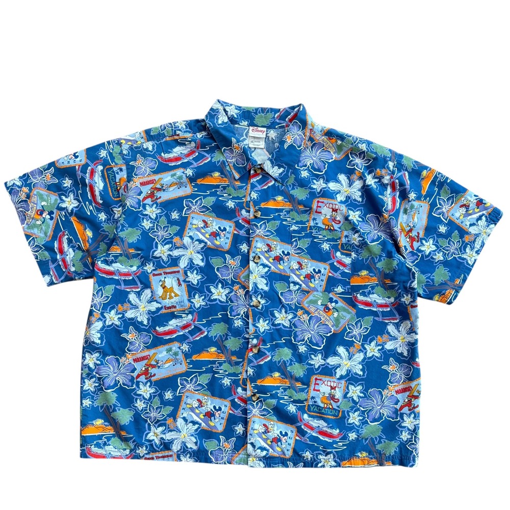 Vintage Disney Mens XXL Hawaiian Shirt Blue Mickey‎ Donald Tropical Cotton